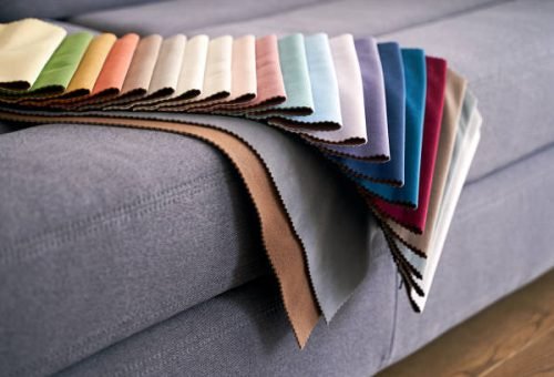 Colorful upholstery fabric samples in different colors